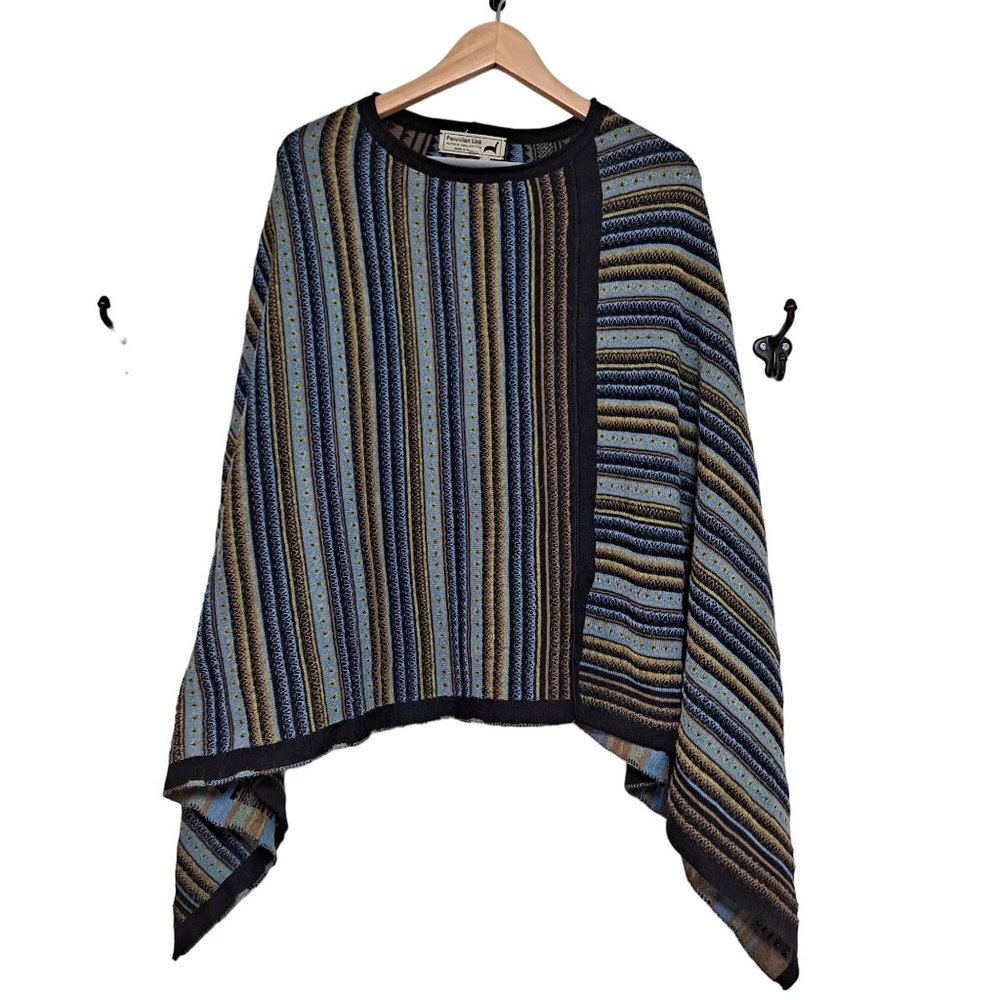 Peruvian Link Connection Alpaca Artsy Shawl Cape Poncho Stripe Blue Lagenlook